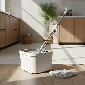 Mop Giratório Profissional com Balde, Sistema de Separação de Água Limpa e Suja, 2 Panos de Microfibra Laváveis, Branco
