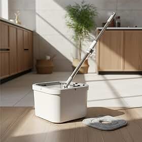 Mop Giratório Profissional com Balde, Sistema de Separação de Água Limpa e Suja, 2 Panos de Microfibra Laváveis, Branco