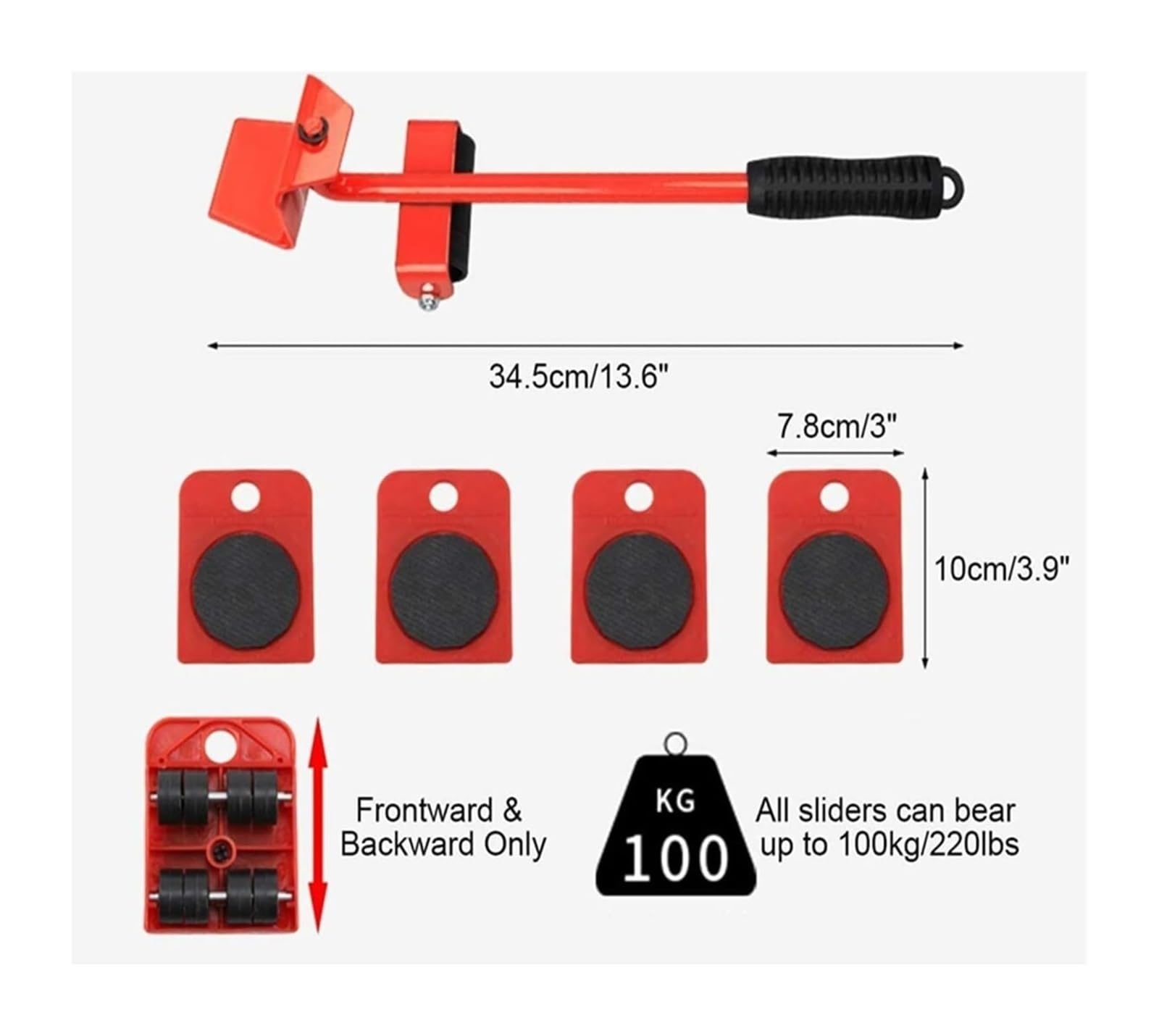 Kit di trasloco per mobili pesanti con rulli e barra di sollevamento, strumento professionale per un facile spostamento di oggetti, rosso, 1 set perfetto per spostare oggetti di grandi dimensioni