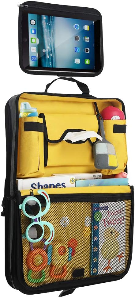 Car Auto Back Seat Organiser–Original Design Premium Fabric, 2 Pockets for Cups & Bottles, Tissue Pocket with Slit, Large Storage for Laptop Toys Books with Headrest Tablet Holder