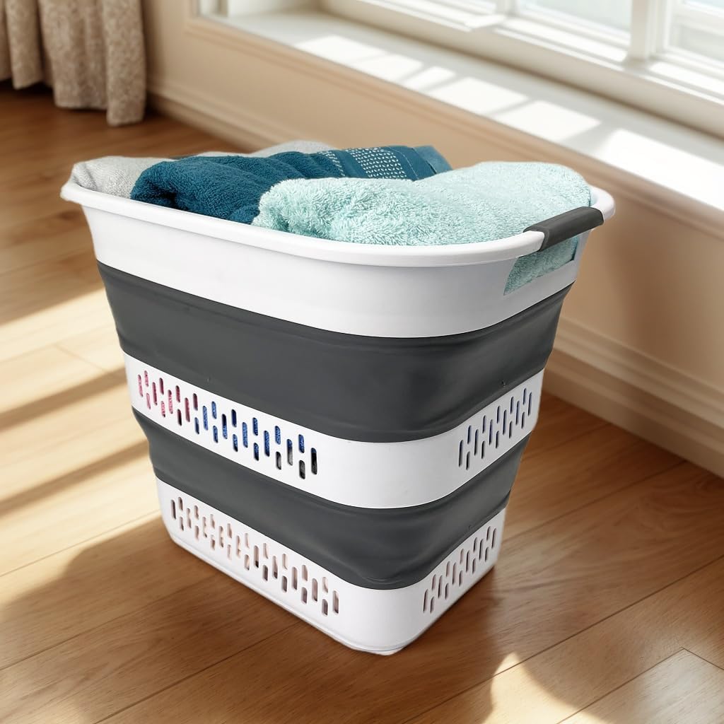 SAMMART Zusammenklappbarer Wäschekorb aus Kunststoff, 40 l, faltbarer Pop-Up-Aufbewahrungsbehälter/Organizer, tragbarer Wäschesammler, platzsparend (1, Weiß/Stahlgrau)