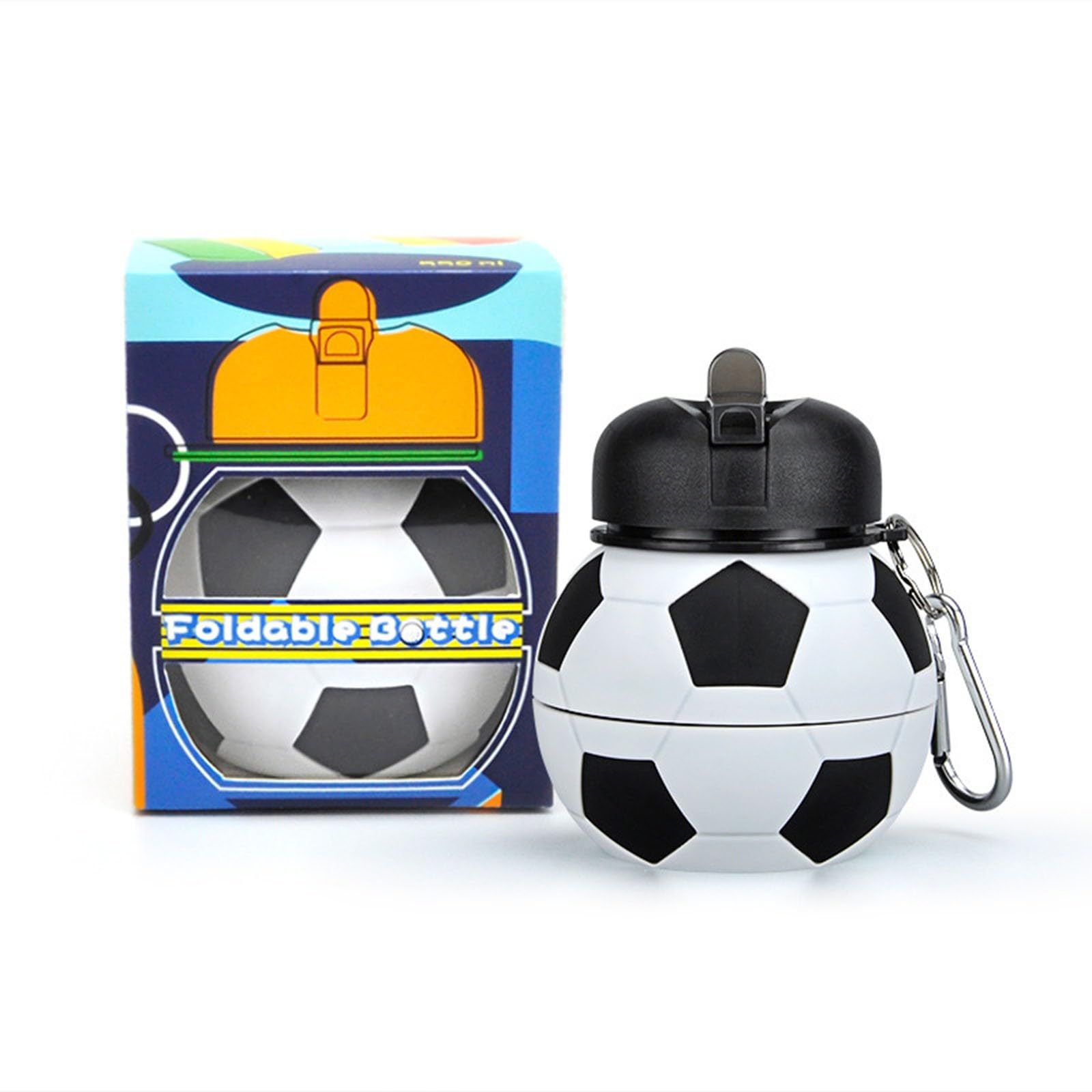 Faltbare Fußball-Wasserflasche – Fußballgeschenke für Jungen und Mädchen – Fußball-Wasserflasche mit Schlüsselanhänger für Geburtstag, Valentinstag, 550 ml, Silikon