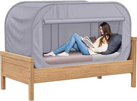 Skywin TidyFriend Twin Bed Tent, Pop-Up Privacy Canopy & Tent Beds for Kids and Adults Cozy, Light Blocking, Breathable Pongee Fabric for Sleep, Play, or Study, Collapsible Design (Modern Grey)
