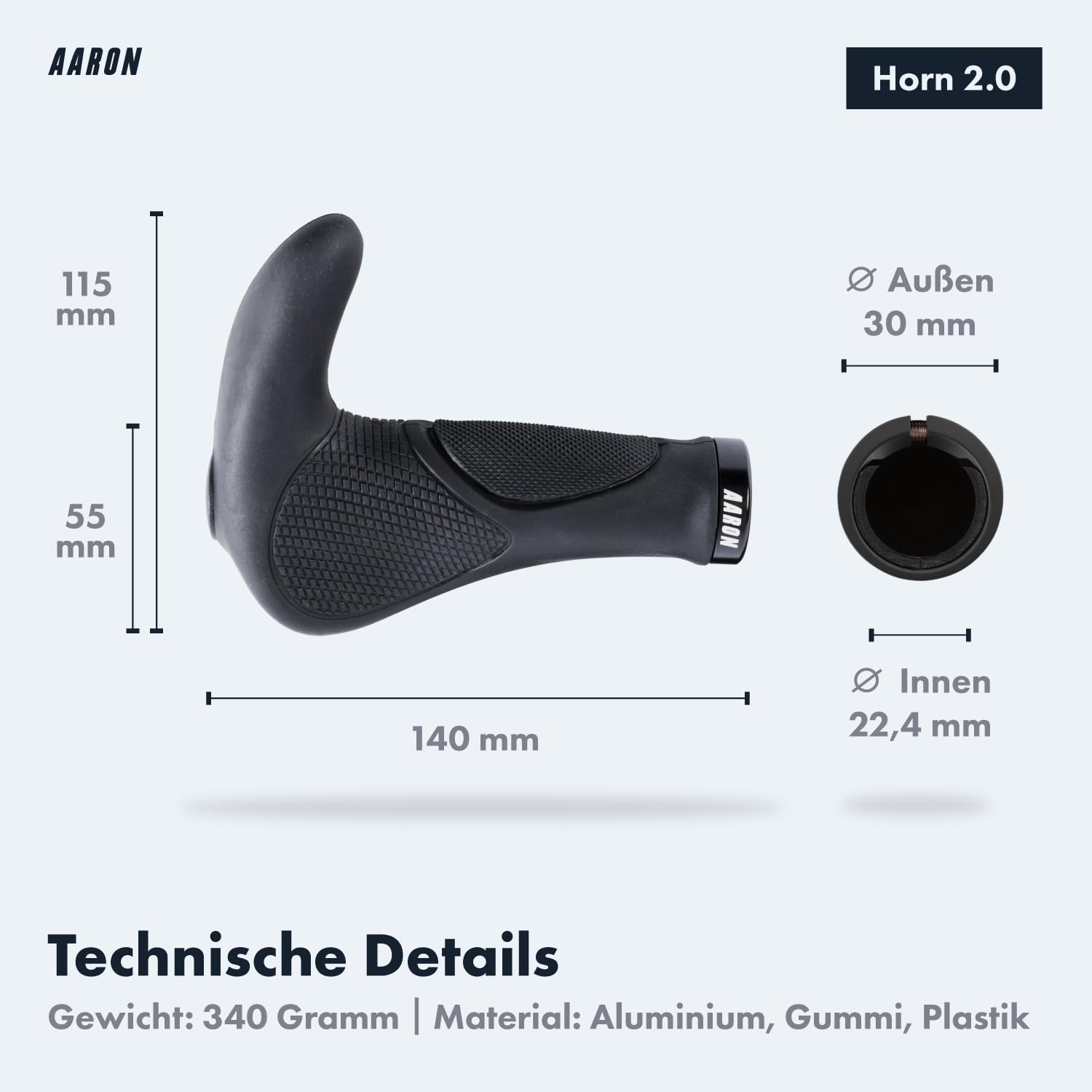 AARON Horn Lenker Griffe mit Gel Dämpfung, ergonomische Lenkerhörner aus rutschfestem Gummi, Fahrradgriffe für E-Bike, Trekkingrad, Mountainbike, Tourenrad, schwarz