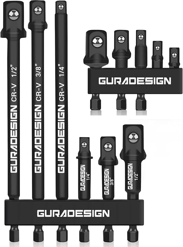 Jogo de Adaptadores para Soquetes de Impacto GURADESIGN com Haste Sextavada de 6,35 mm (1/4 pol.) para Furadeira e Parafusadeira, 11 peças