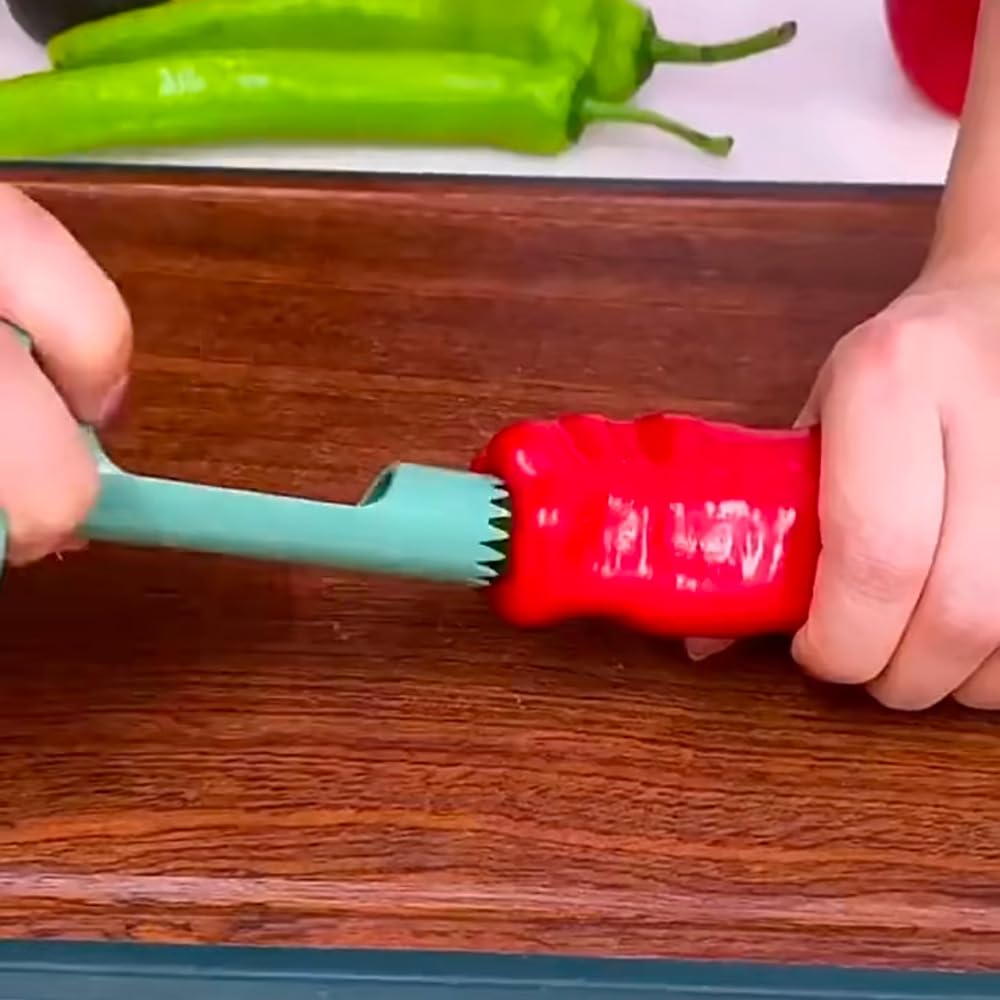 Descorazonador de Pimientos 2 en 1 Removedores de Semillas de Pimiento Herramienta para Quitar Semillas para Cocina Hogar Familia Camping (Verde)