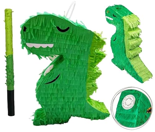 Dinosaur Pinata for Kids Parties – with Bashing Stick and Blindfold – Childrens Themed Birthday Party Game Activity for Boys & Girls Age 3+ – Large Hanging Fillable Pinatas 44.5cm x 34cm x 8.5cm