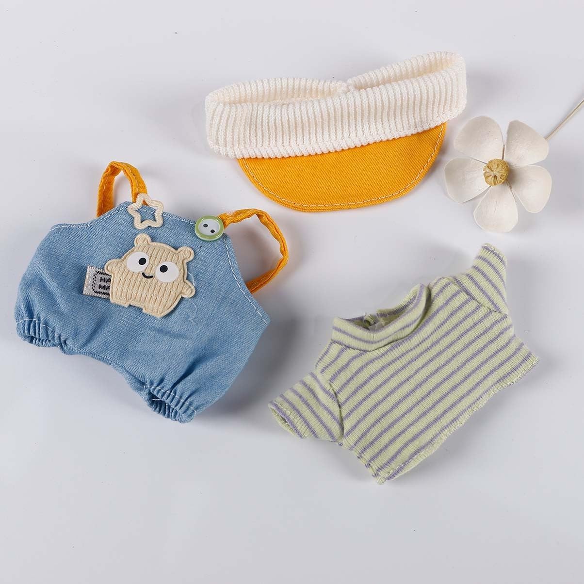 Compatible with Labubu 15cm/17cm (NO Doll) - Cream Knit Cap + Green Striped Top + Bear-Patch Denim Overalls Set, Doll Outfit Accessories
