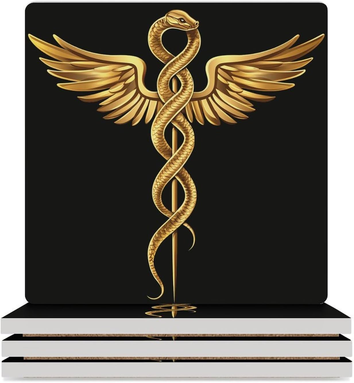 Caduceus Symbol Ceramic Coasters Set Square Drink Coasters Table Coaster for Kitchen Desktop Decor