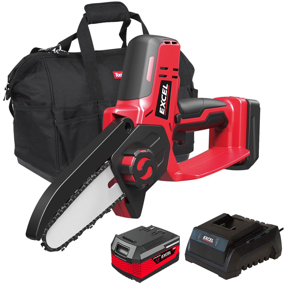 Excel 18V Cordless Mini Chain Saw with 1 x 4.0Ah Battery Charger & Bag - Variable Speed Trigger, Safety Button, 4" Guide Bar Length, 4.8m/s Chain Speed, Cordless Chain Saw, 18V Chain Saw