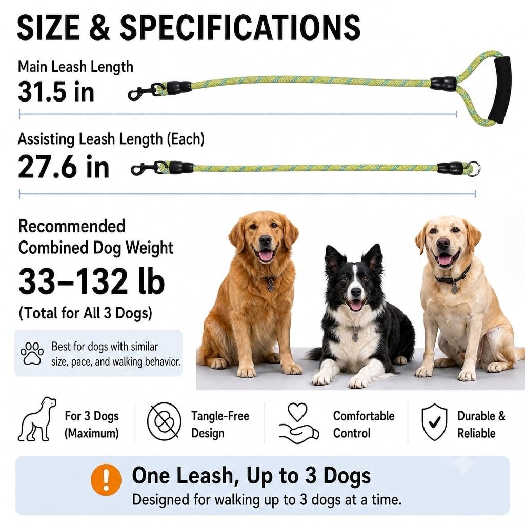 Laisse pour chien 3 en 1 en nylon durable avec poignée rembourrée, pivotante à 360 °, corde d'escalade amovible, corde de traction amovible pour chiens de moyenne et grande taille, vert et