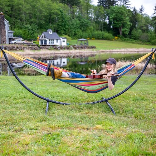 Image of SUNCREAT Portable Large Hammock with Stand, Two Person Hammock with Stand Included, Rainbow Stripes