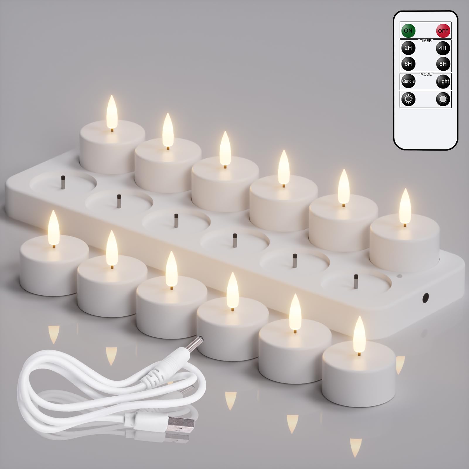 Velas votivas recargables sin llama con control remoto y temporizador, 12 velas LED parpadeantes de plástico blanco con base de carga, decoración de Halloween, Navidad y vacaciones (1.6 x 1.9