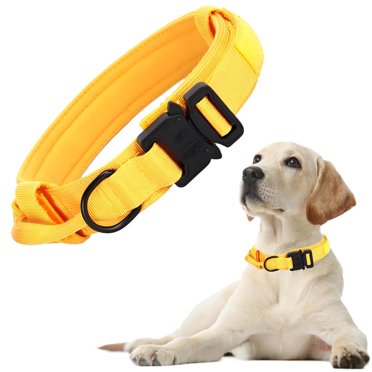 Tactical Dog Collar, Adjustable Military Training Nylon Dog Collar with Control Handle and Heavy Metal Buckle for Medium Large Dogs, (M,Yellow)