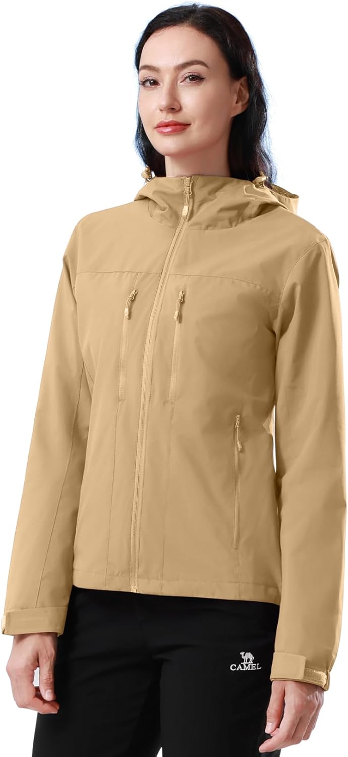 CAMEL Women's Lightweight Rain Jacket - Waterproof Windbreaker With Hood For Outdoor
