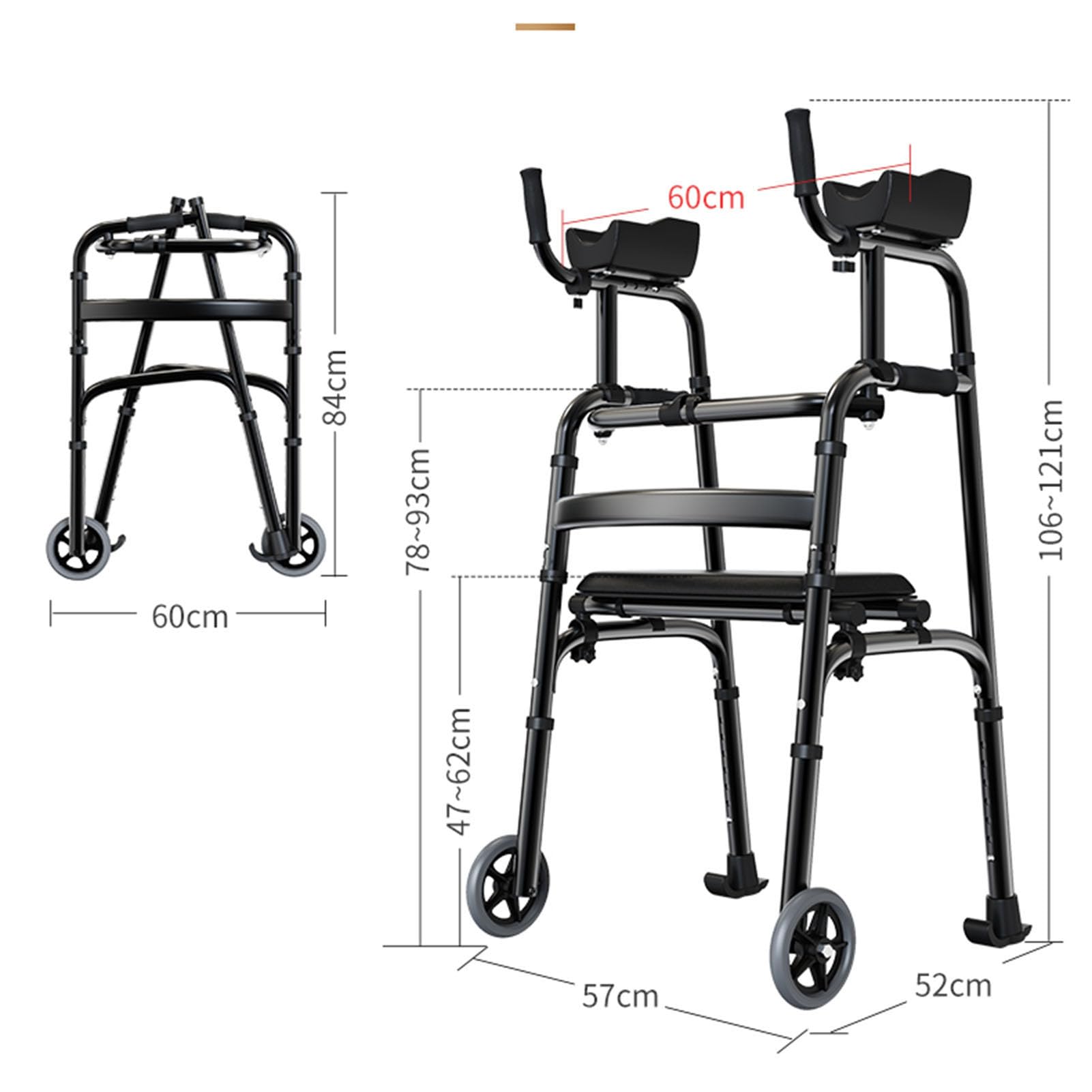 Andador Plegable Ancianos con 2 Ruedas, Andador Estándar Ajustable en Altura de Aluminio, Ayuda Portátil para Adultos para Discapacitados, Resistente y Cómodo