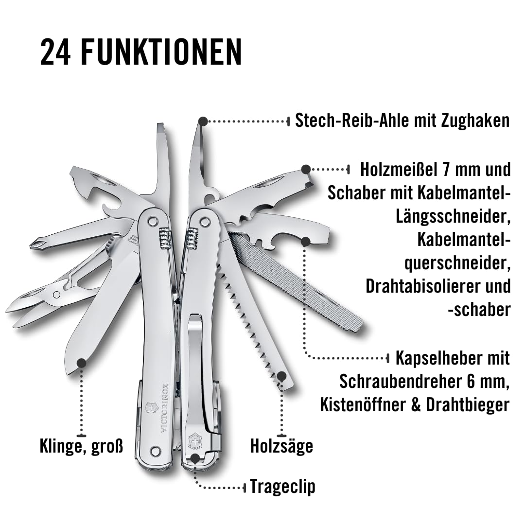 Victorinox Schweizer Taschenmesser Swiss Tool Spirit MX Clip, 24 Funktionen, Multitool Inkl. Zange, Schraubendreher, Dosenöffner, Silber