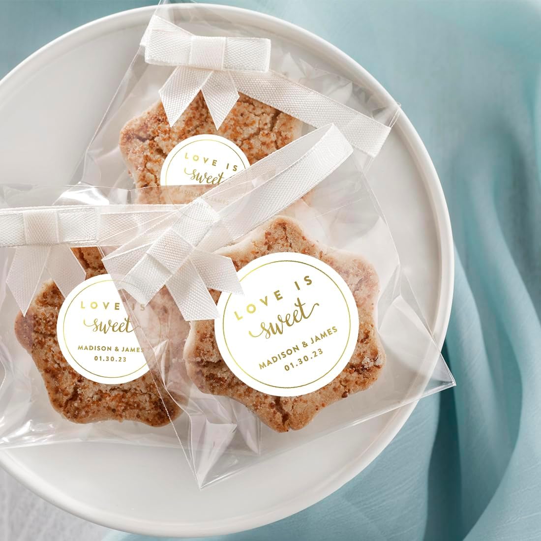 Andaz Press Personalized Round Circle Wedding Favor Gift Labels Stickers, Metallic Gold Ink, Love is Sweet, 40-Pack, Custom Made Any Name, Not Gold Foil, Decorations, Invitations