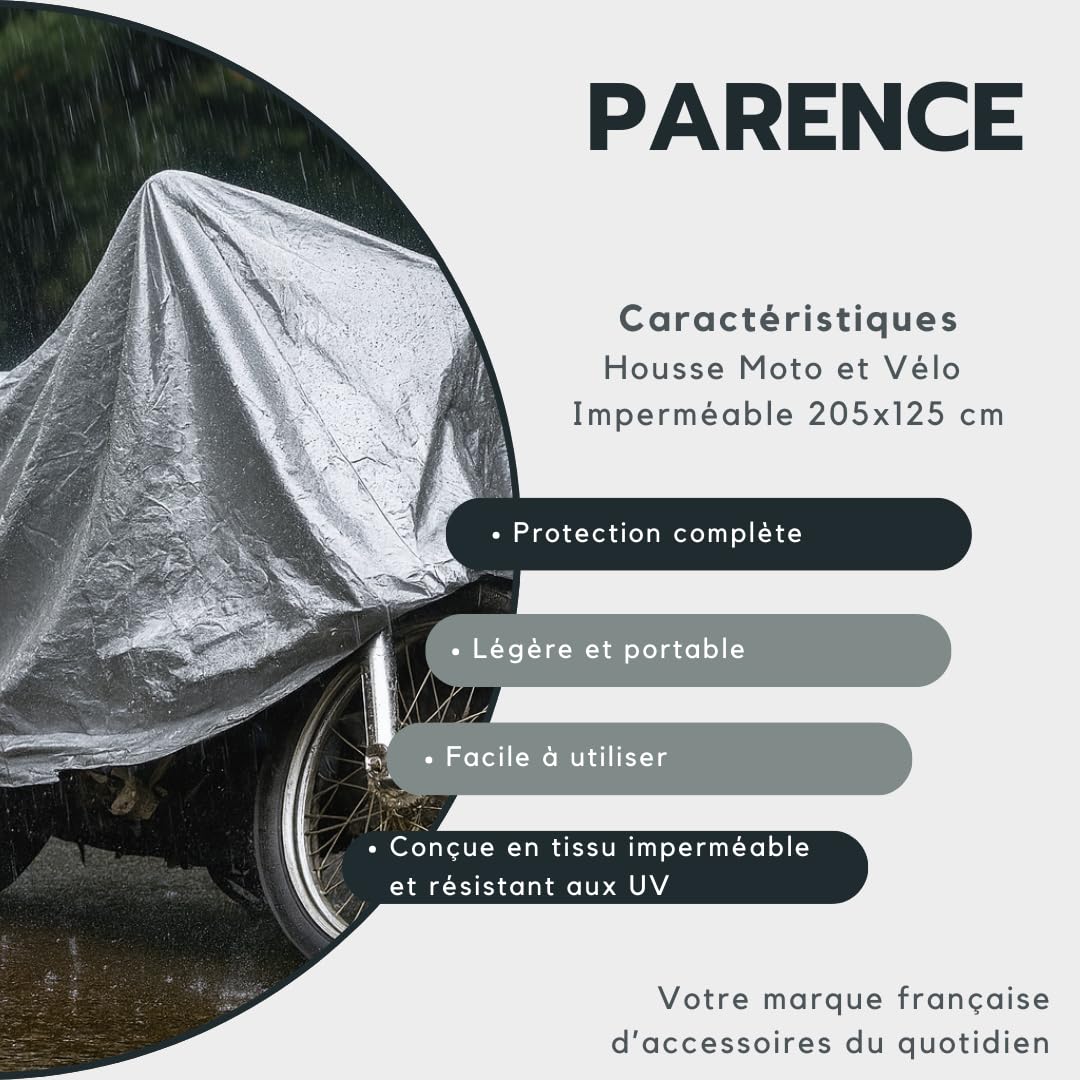 PARENCE.- Funda Impermeable para Moto y Bicicleta 205x125 cm – Protección Exterior e Interior Resistente a los Rayos UV, al Polvo y a la Intemperie – Funda Ligera de Aluminio con Cierre