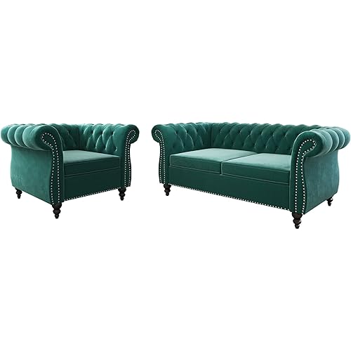 2 Piece Living Room Set, Velvet Chesterfield Sofa Loveseat Couch Chair with Scroll Arms and Nailhead for Living Room, Office (Green)