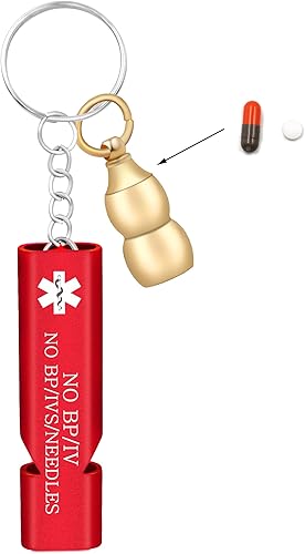 Miniatura 19 de Llavero médico de emergencia con silbato de seguridad fuerte y pastillero, herramienta de alerta EDC para personas mayores, adultos, uso al aire