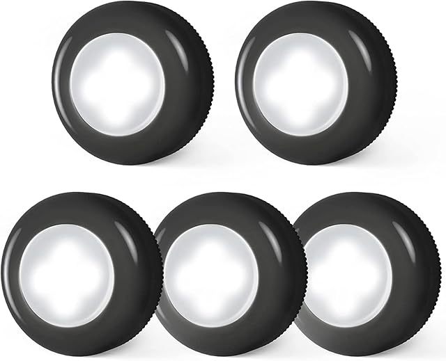 Dream Master Tap Light Push Lights Mini Night Touch LED Puck Under Cabinet Lighting Battery Operated Powered DIY Stick On Wireless Closet Counter Kitchen Black Cool 5 Pack, New5packBK-coollight