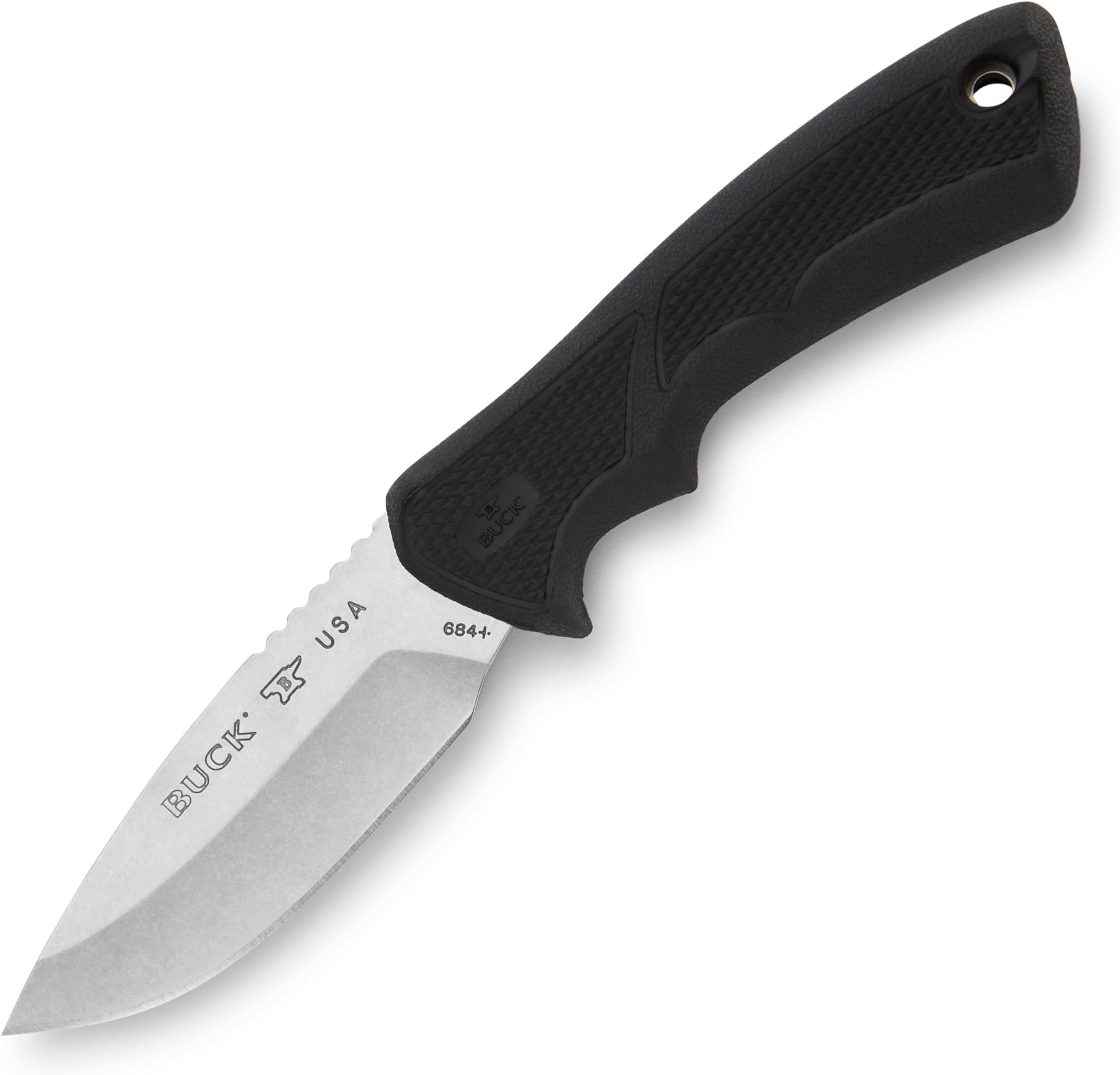 684 Small BuckLite Max II Hunting Knife, 3-1/4" Fixed Blade, Dynaflex Rubber Handle, 420HC Stainless Steel Drop Point Blade, Sheath Included, Knife Made in the USA, 2.8 oz
