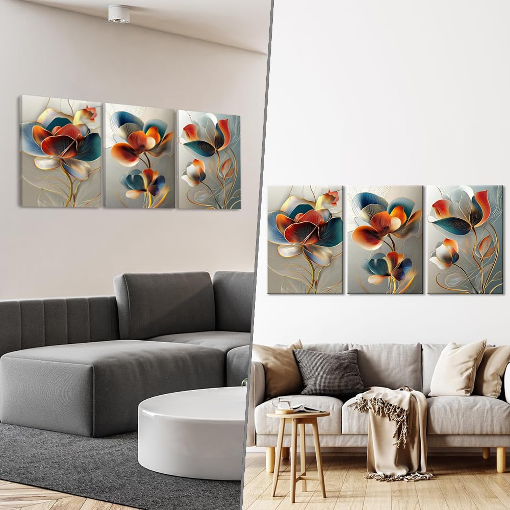 Piy Painting 3x Cuadros De Lienzo Flores, Pintura Sobre Lienzo Moderna, Naranja Impresión HD Impresiones Murales, Grandes Cuadros Con Marco Interior Listo Para Colgar Para Entrada, Baño, 58x40 cm
