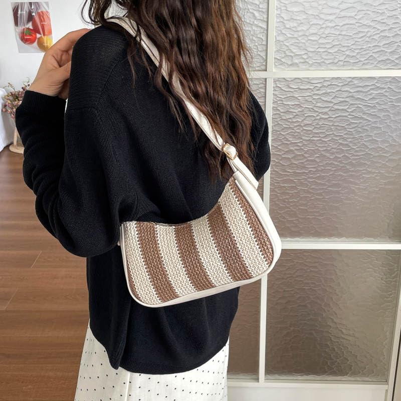 Borsa a tracolla da spiaggia da donna, grande capacità, in paglia | EcoGleam Borsa a tracolla in paglia leggera con grande capacità, motivo a righe, 24 x 16 x 7 cm