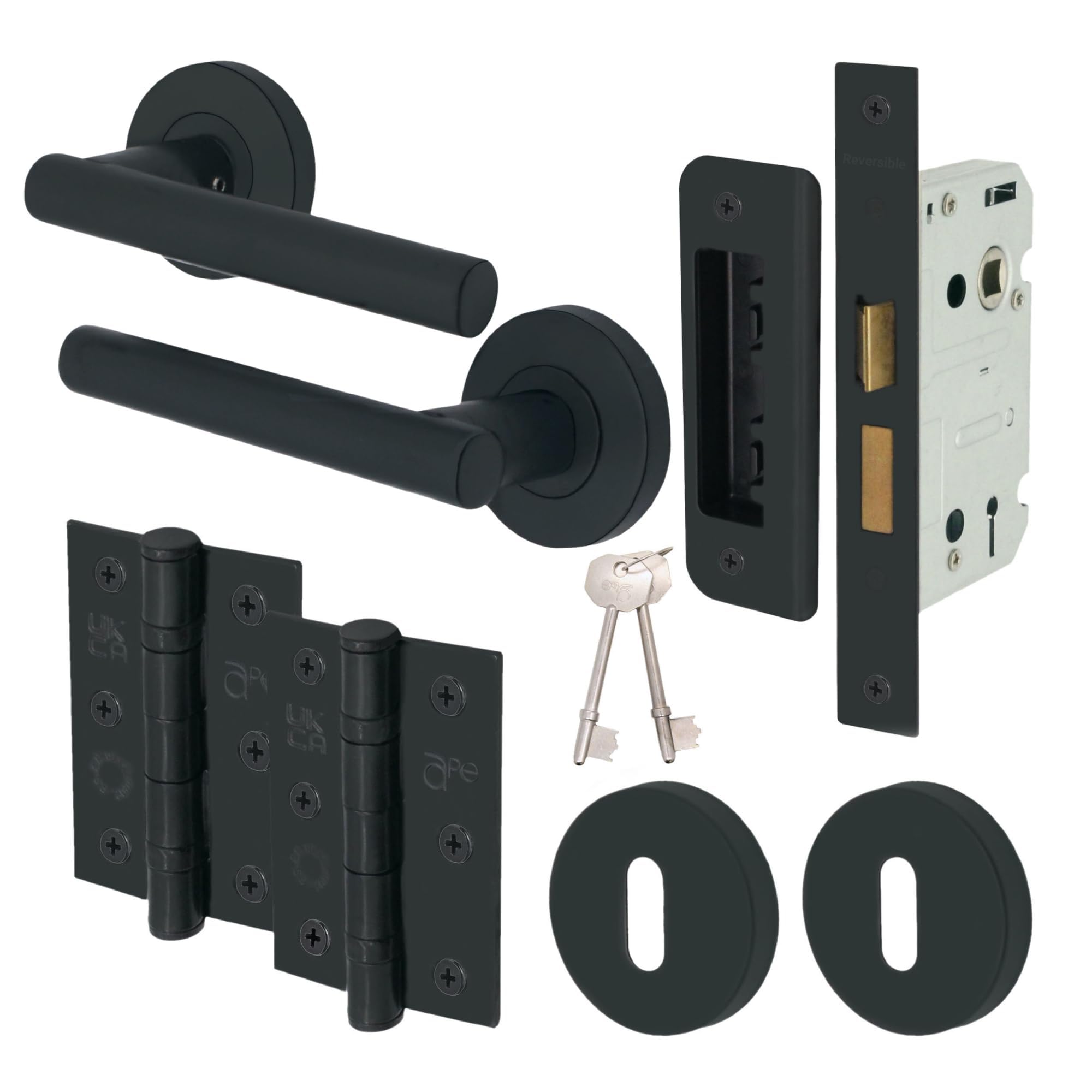 EAI Black Key Lock Door Handle Set | Round T-Bar Internal Door Handles, Sash Lock, Hinges (76mm) & 2 Escutcheons | Matt Black Oliena Range