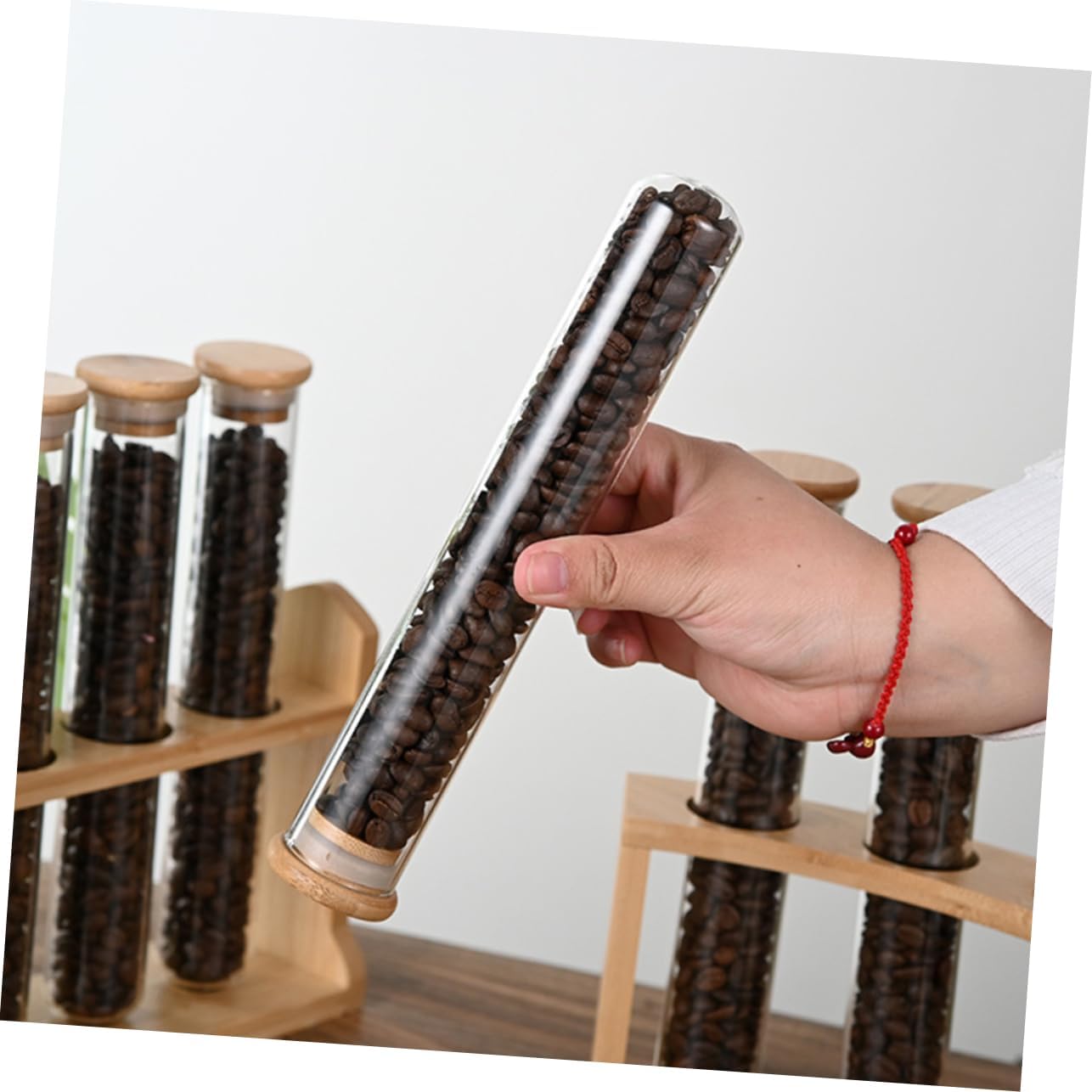 Coffee Bean Storage Jars Glass Bean Vials Lids Airtight Sealing Wooden Stand Display Tube Holders