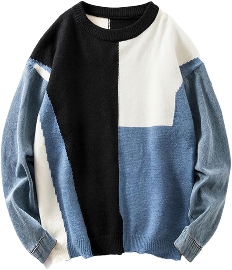 Men Winter Autumn Crew Neck Patchwork Loose Casual Long Sleeve Plus Size Sweater