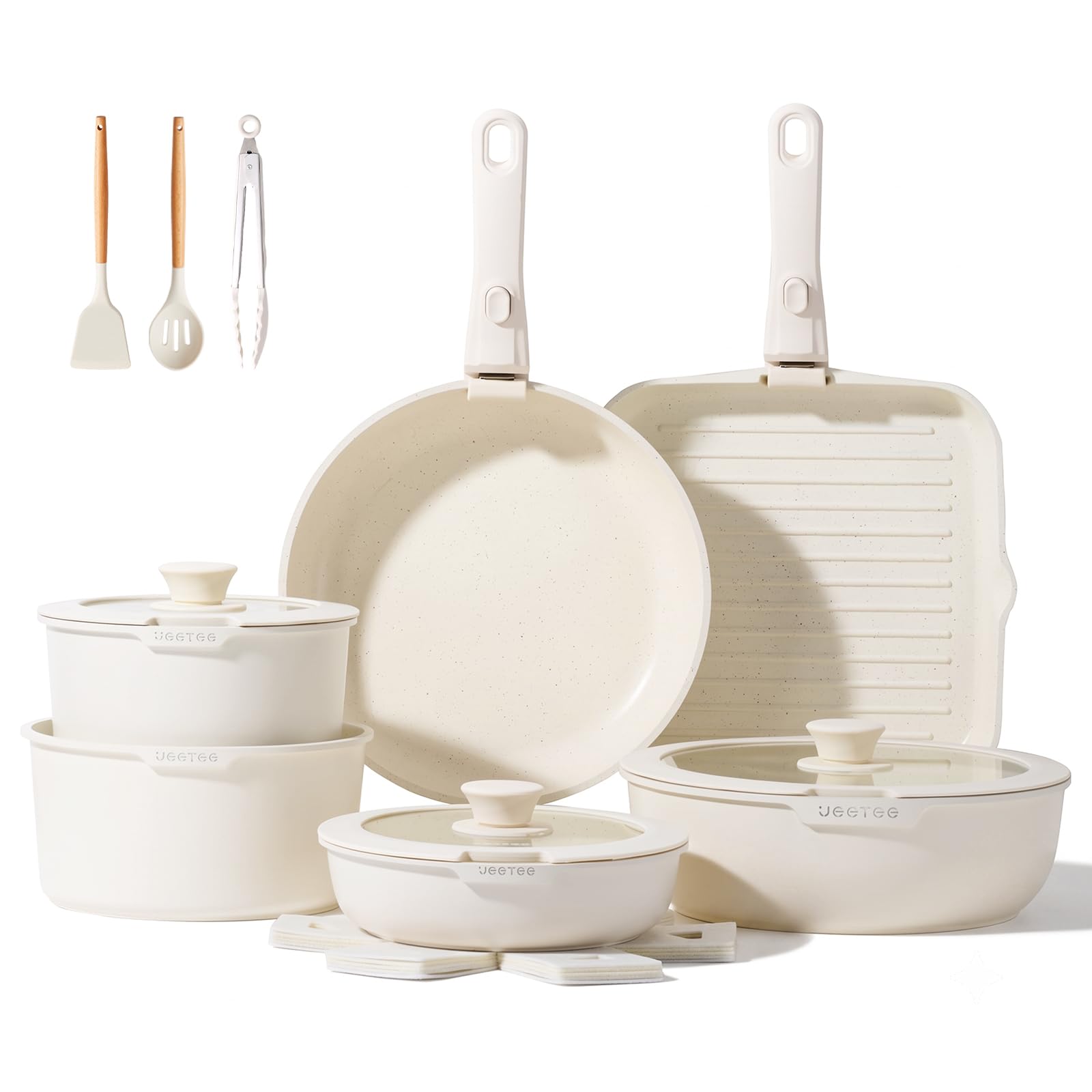 JEETEE Batería de Cocina 25 Piezas con Mangos Extraíbles, Inducción | Juego de Ollas y Sartenes Antiadherentes, Apilable, Apto para Horno 220°C, Ahorra Espacio hasta 70%