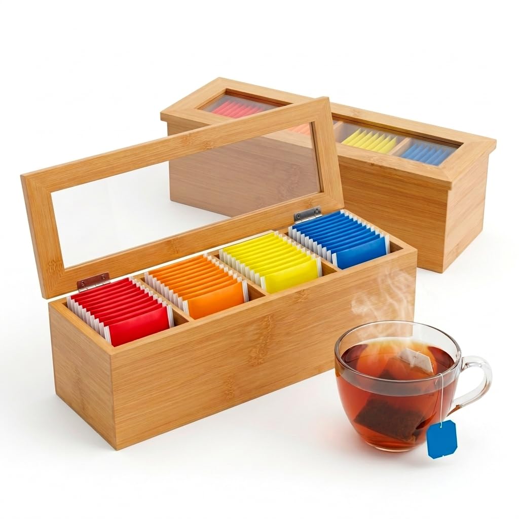 Photo 1 of ***damaged ***cWhotti Tea Bag Organizer – Bamboo Tea Box Organizer with Acrylic Lid | Tea Storage Holder | Tea Caddy with 4 Compartments for Drawer, Kitchen Counter & Cabinet (11.8 x 3.5 x 3.5 in)