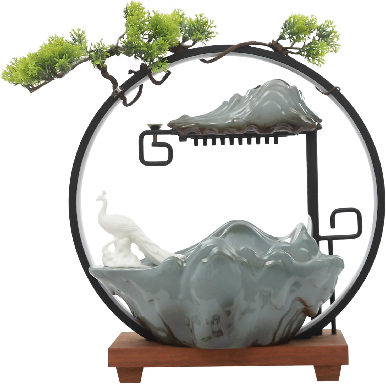 Antique Desktop Water Fountain with LED Light Ring and Atomizer,Indoor Fountain with Wood Base for Relaxation,13.8x5.5x15 Inches, Tabletop Waterfall for Home Office Decoration