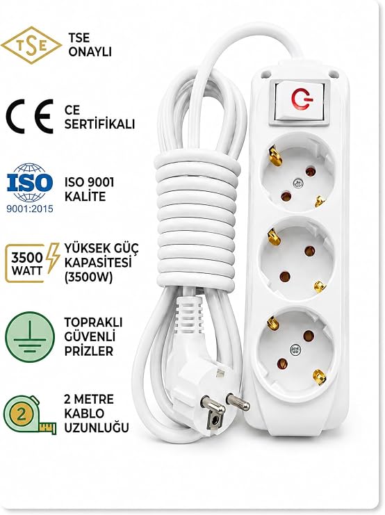 3’lü Priz 2 Metre Uzatma Kablosu Anahtarlı Topraklı 3500W | Işıklı Aç-Kapat Düğmeli Grup Priz | CE TSE ISO 9001 Belgeli | Almera Tüm Elektronik Cihazlarla Uyumlu