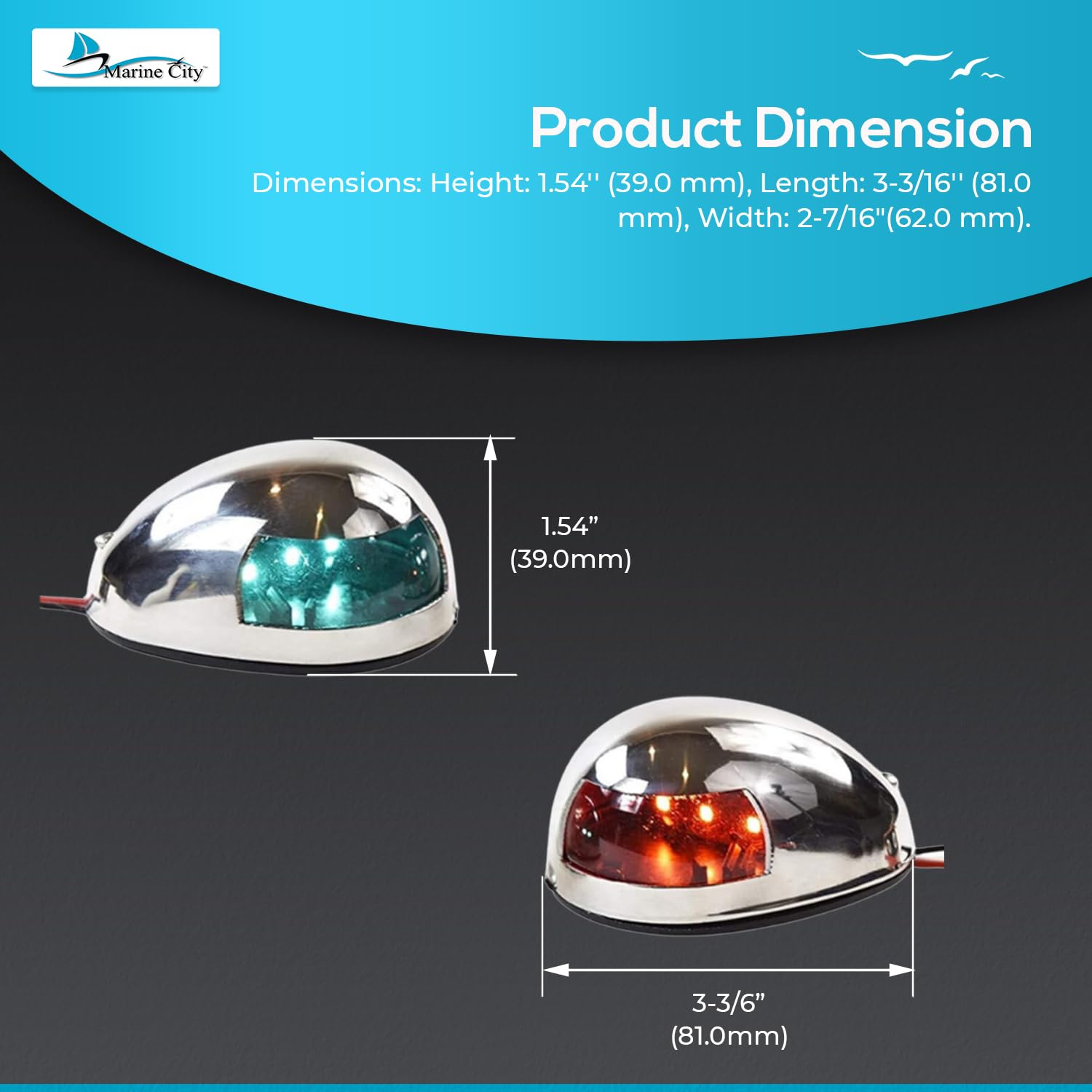 MARINE CITY Luces laterales de navegación LED impermeables de acero inoxidable, rojo y verde, 3-3/16 pulgadas de longitud, ideal para barcos, marines, yates (1 juego)