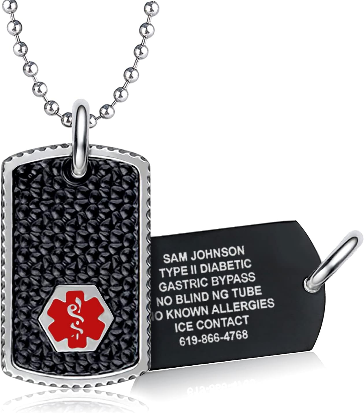 Divoti Medical Alert Necklace for Men & Women | Custom Engraved Black Dog Tag Medical ID Necklace with Caduceus |Snake Chain with Lobster Claw Clasps | Hypoallergenic Surgical Stainless Steel