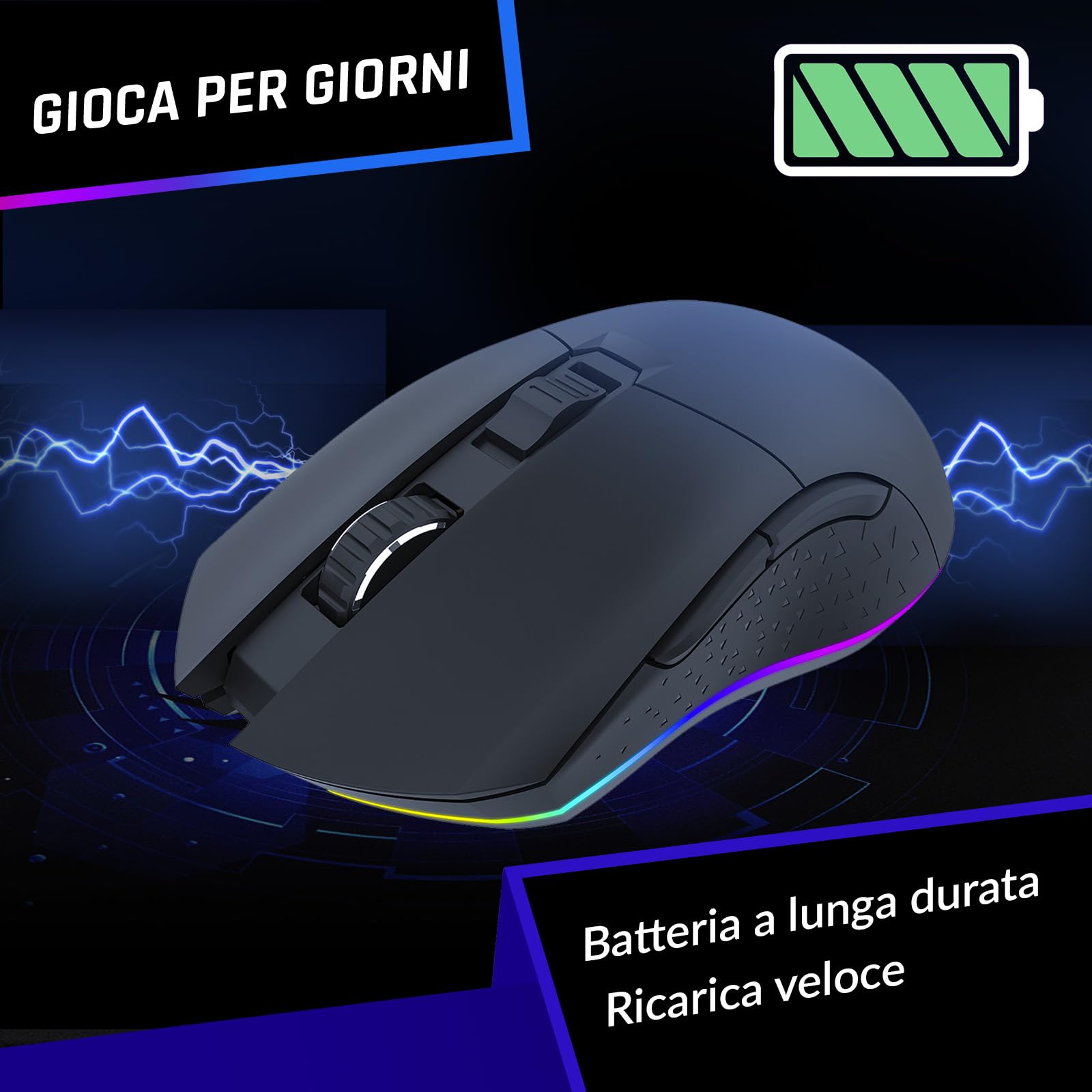 Blaze Mouse Gaming Wireless RGB Ricaricabile, Regolabile Fino a 10000 DPI | Sensore ad Alta Precisione con Batteria di Lunga Durata, Modalità e Cavo, Libertà Totale per Dominare il Gioco - Black