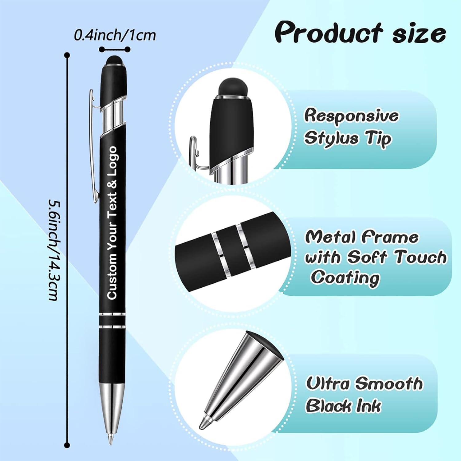 Personalized Pens Custom Pens Bulk - Add Your Text Name Logo - Custom Plastic Stylus Pen Set with Logo - Pack of 24 - Personalized Gifts for Office, School, Business, Party Events 6 Colors