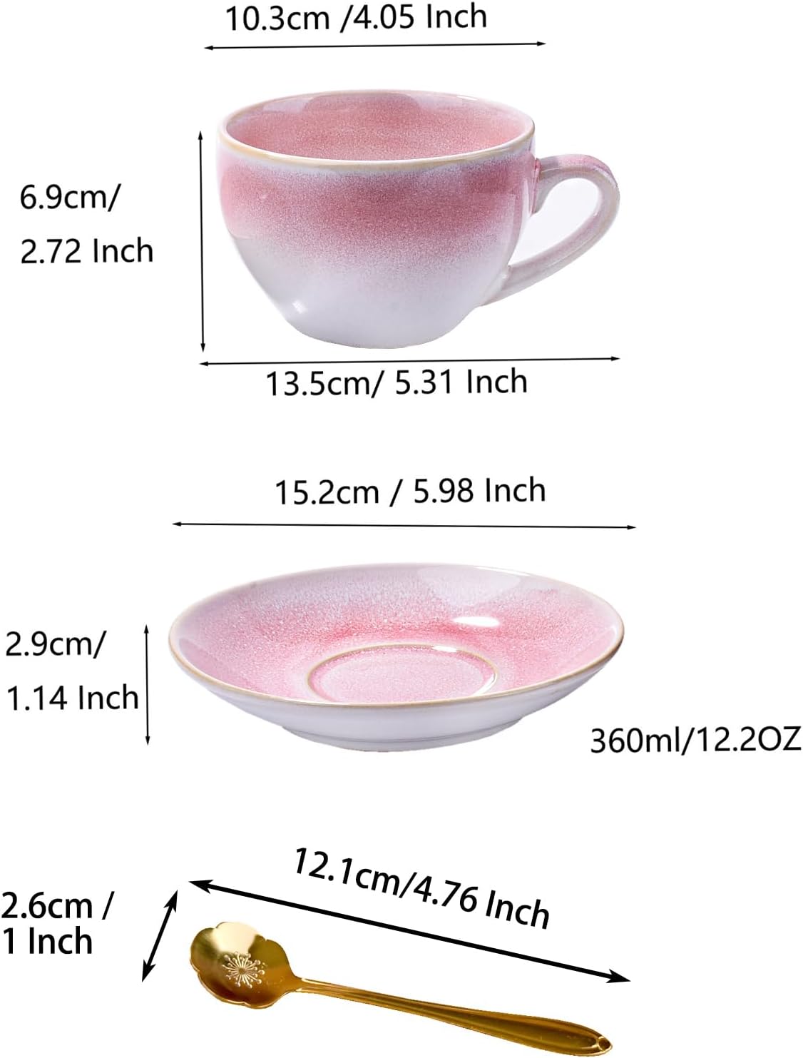 Ceramic Coffee Mug with Saucer and Spoon, 10 OZ Pink Gradient Porcelain Cup