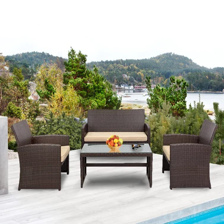 DEVOKO Patio Furniture Set, 4 Pieces Porch Outdoor Furniture Dark Brown Rattan Chairs with Cream Cushions and Table Wicker Conversation Set for Backyard, Garden-image-47