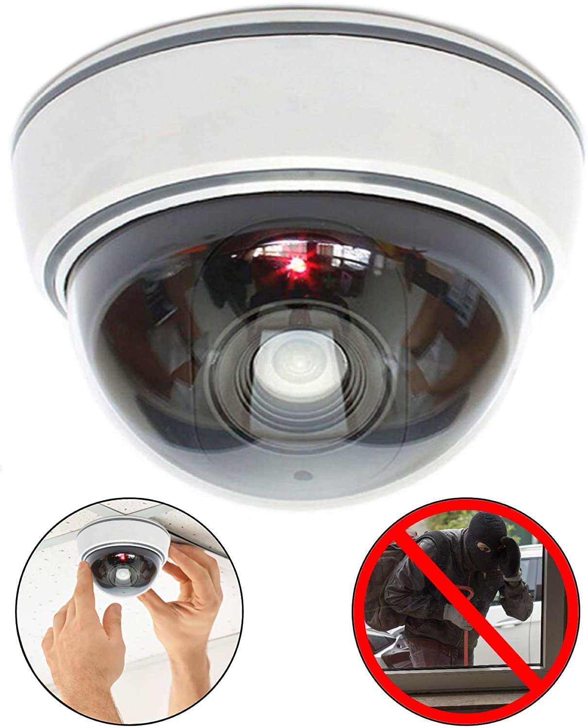 Caméra factice avec objectif, lumière LED rouge, vidéosurveillance, imitation réaliste, pour mur, plafond, blanche
