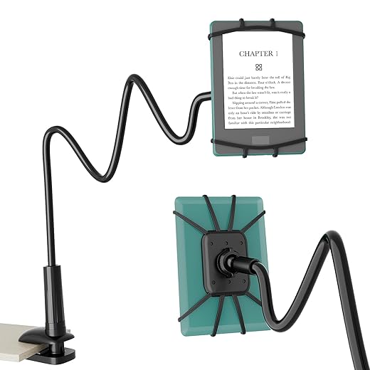Gooseneck Kindle & Phone Holder for Reading in Bed, Adjustable Cell Phone Stand for Desk, Flexible Lazy Arm Mount Clamp,Kindle Paperwhite Stand Accessories,Compatible with 4-8 Inches Device