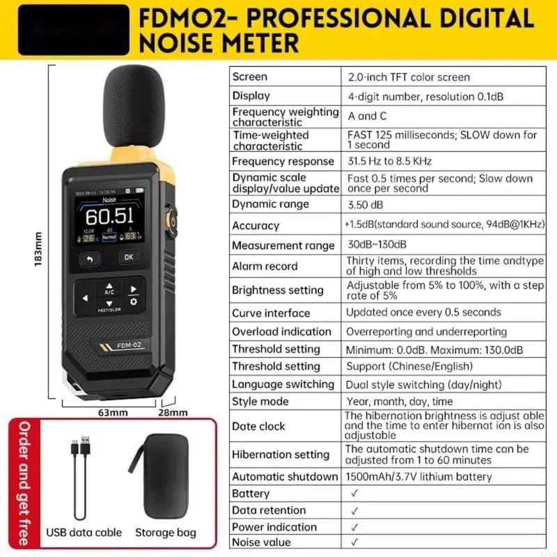 Medidor de decibelios Medidor de Nivel de Sonido 30-130dBA con probador de Ruido SPL ponderado