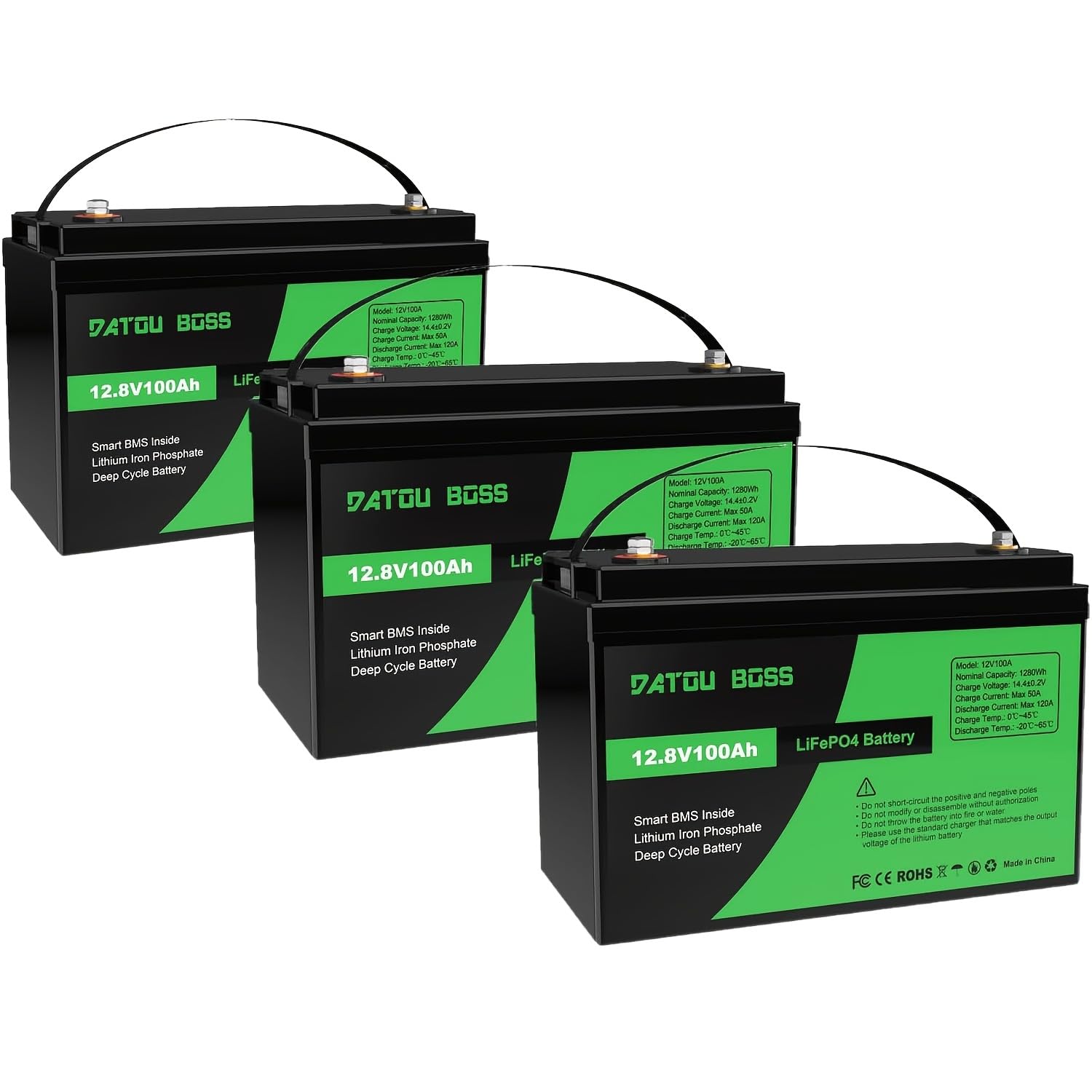 DATOUBOSS 12V 100Ah LiFePO4 Battery with dimensions