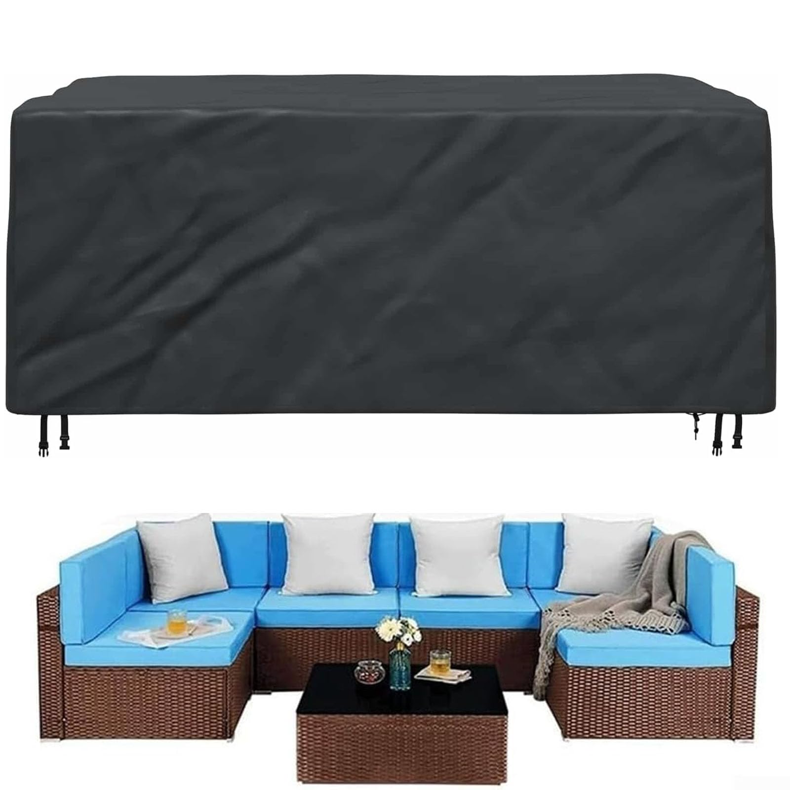 Funda para muebles de exterior, 280 x 100 x 75 cm (largo x ancho x alto), juego de sofá de ratán y fundas de mesa de patio, fundas para muebles de jardín, impermeables, resistentes al viento