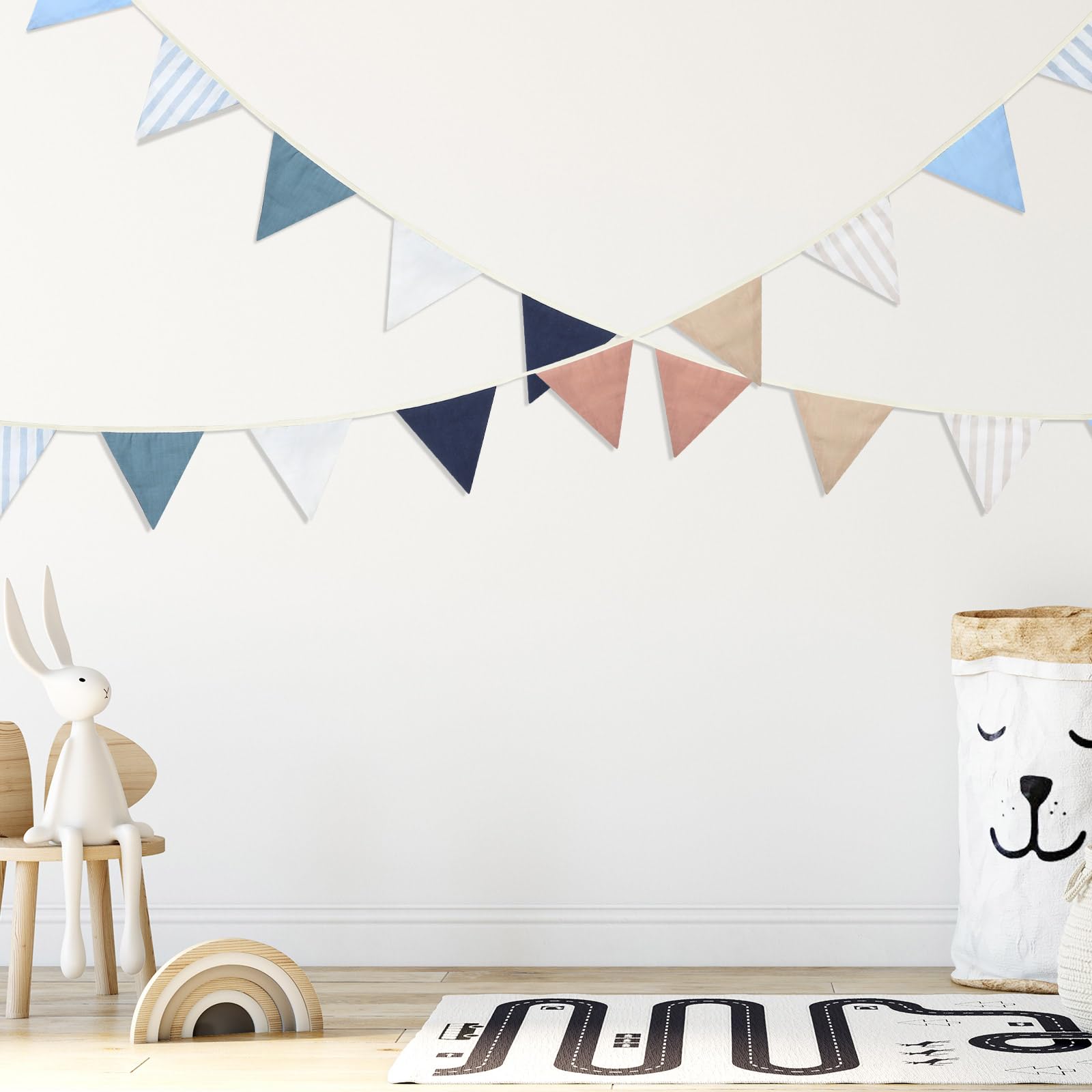 VitalCozy Banderines triangulares de 17 pies, 2 unidades, guirnalda bohemia para guardería, banderines triangulares, banderas de doble cara, decoración de guardería para niños y niñas, habitación de