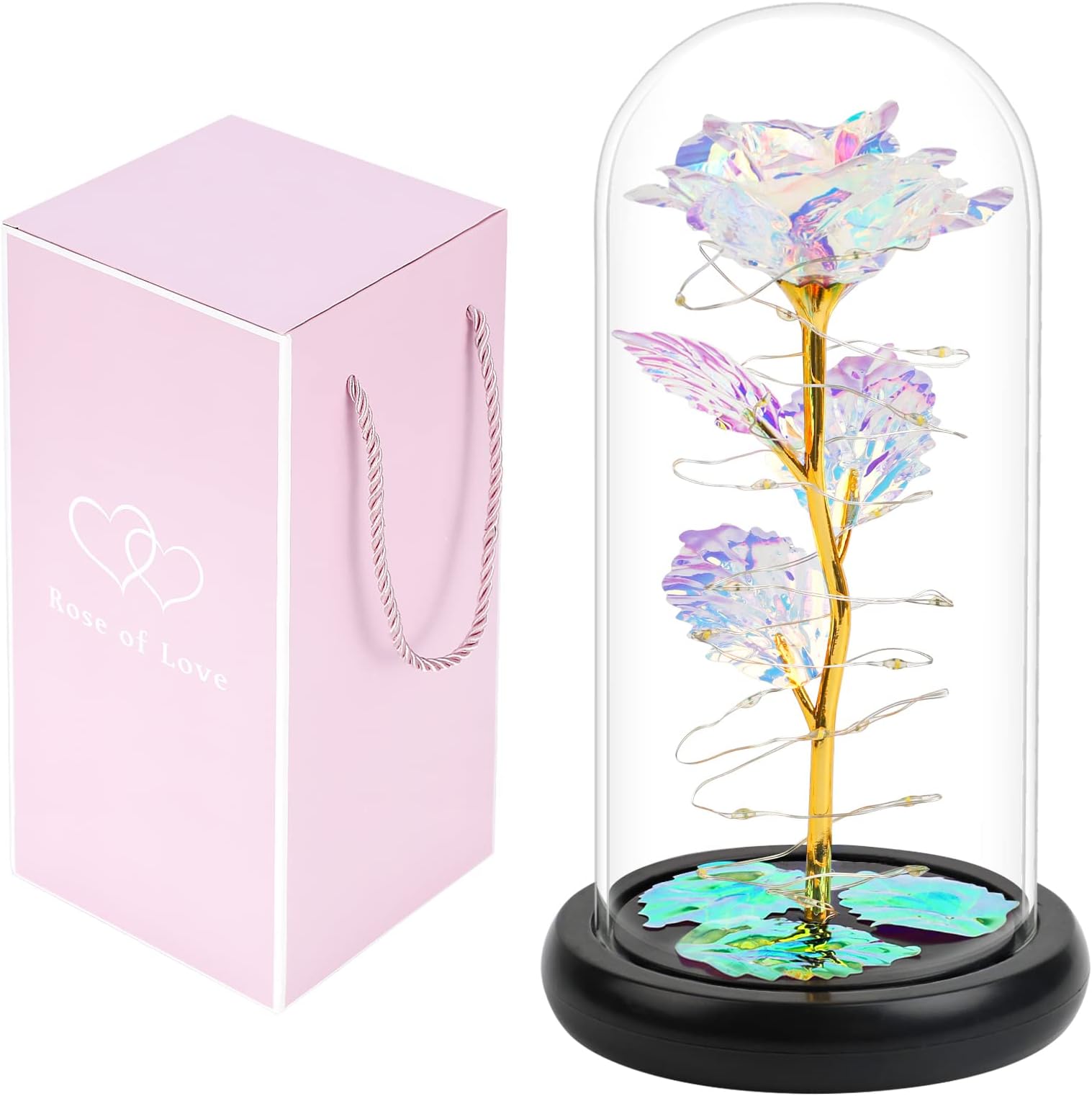 AUGOLA Forever Flower for Her Mother's Day Galaxy Rose, Forever Rose in Glass Dome Rainbow, Unique Love Flower Gifts for Her, Girlfriend, Wife, Mom, Grandma, Women Gifts for Valentines Birthday