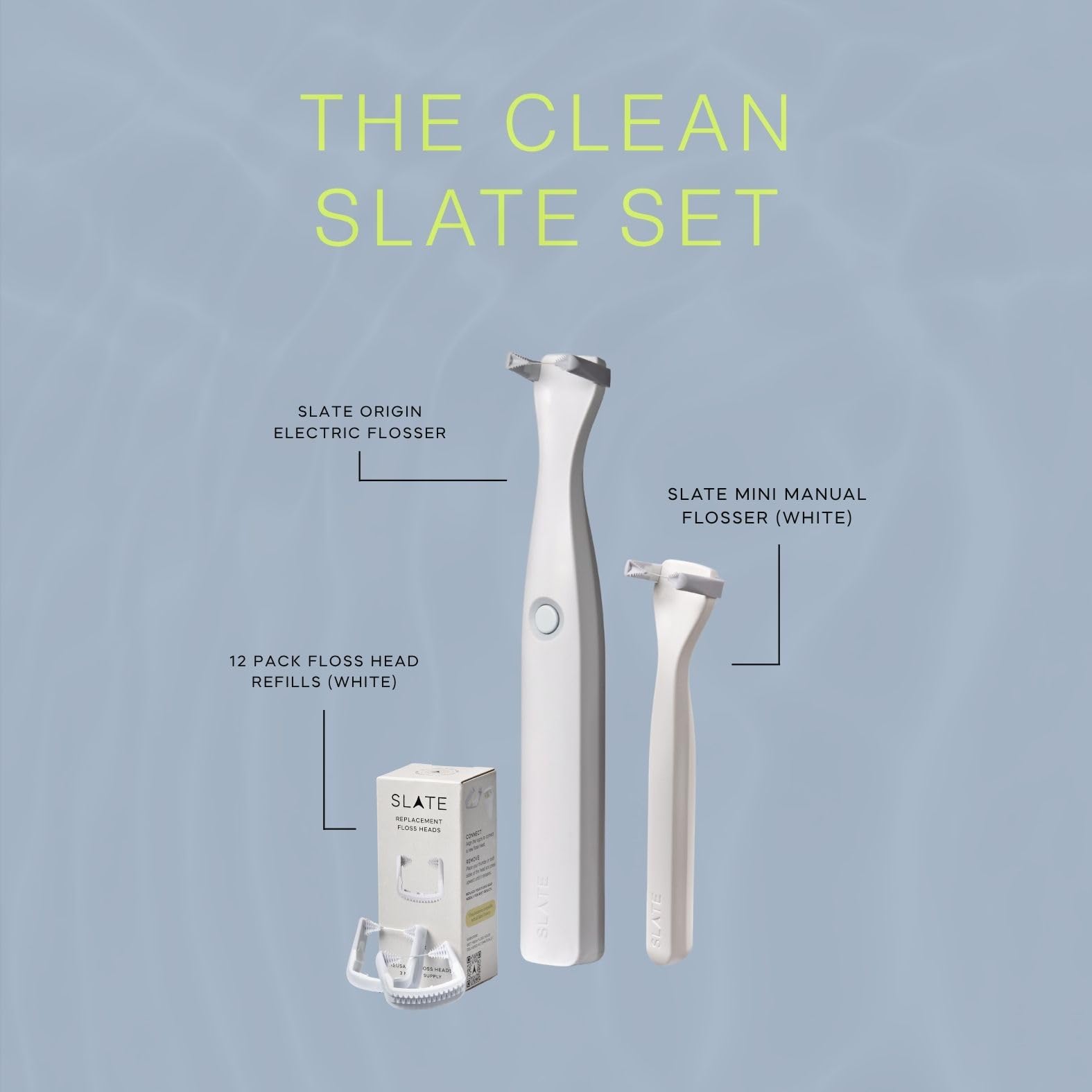 Slate Flosser Clean SLATE Set – Hilo dental eléctrico Origin + mini hilo dental de viaje + 12 cabezales de hilo dental suaves – Sonic, barrido de encías y raspador de lengua – no tóxico, sin PFAS